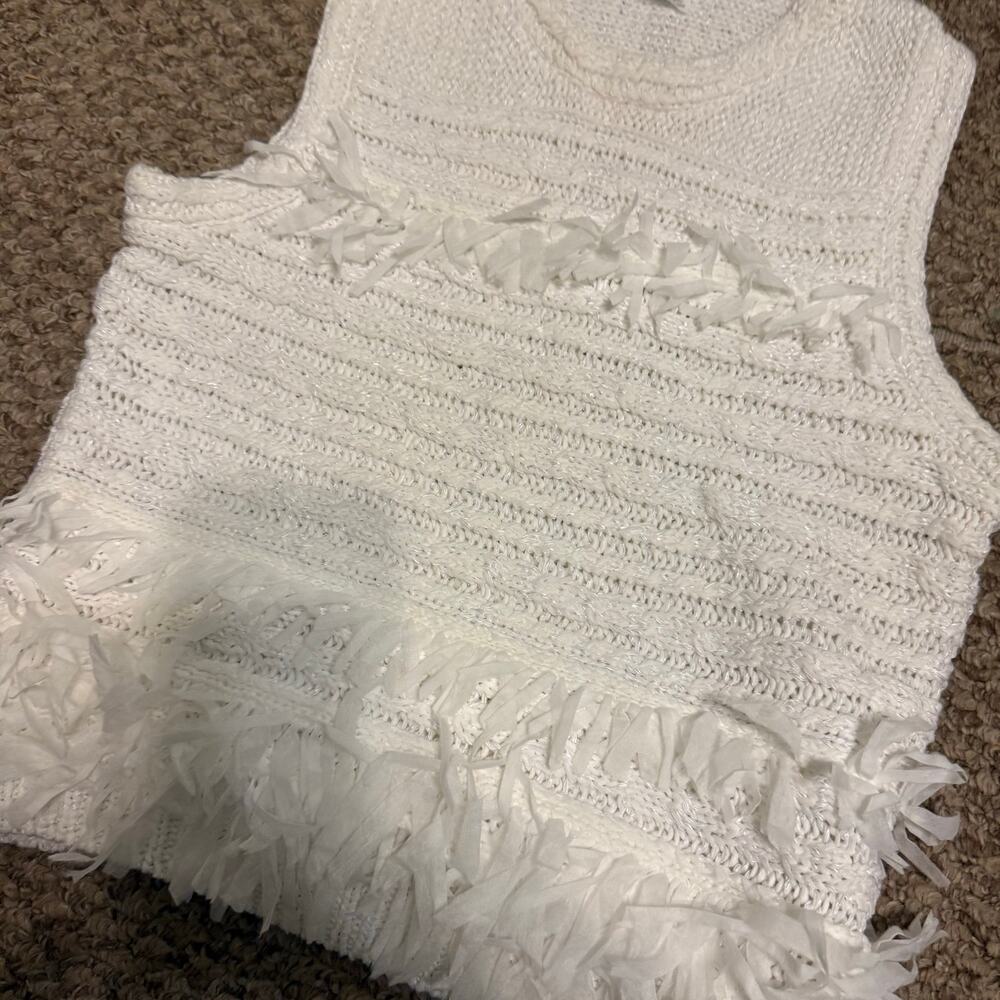 Club Monaco | Bohemian Mixed Material Chic Chunky Knit Fringe Tank Top Size M - Picture 6 of 7